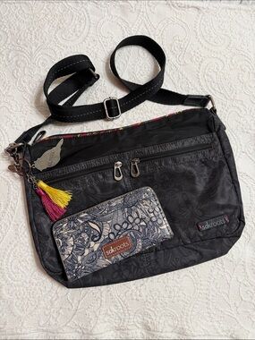 BUNDLE! Sakroots Black Crossbody Bag with Floral Print Wallet and Tassel Accents